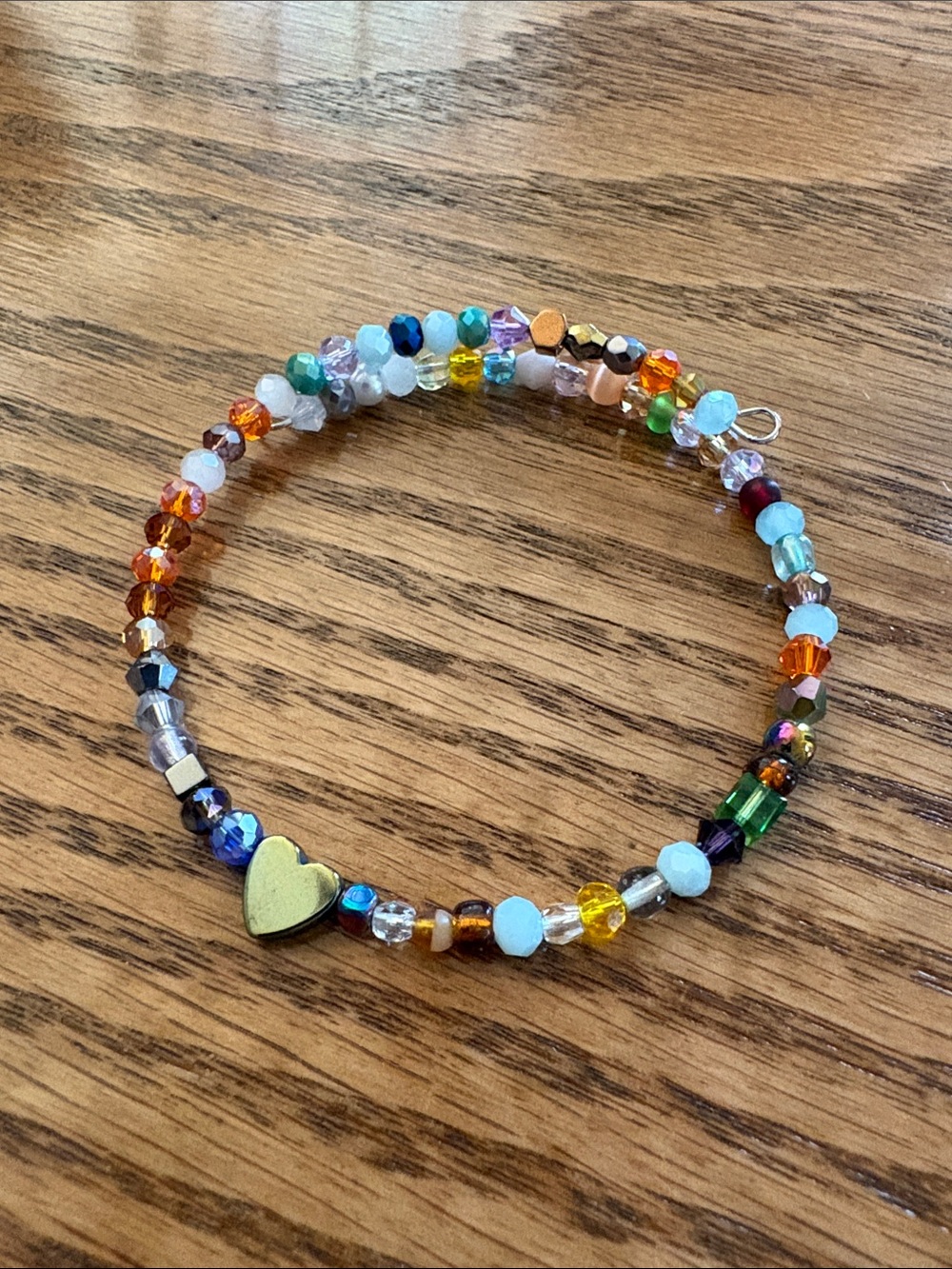 Hand Crafted Multicolor Beaded Heart Memory Wire Bracelet